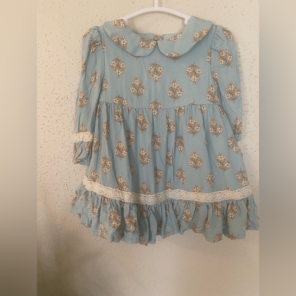Tommy Bahama Baby Dress 12M • Blue Floral Print • Long Sleeve Ruffle Hem